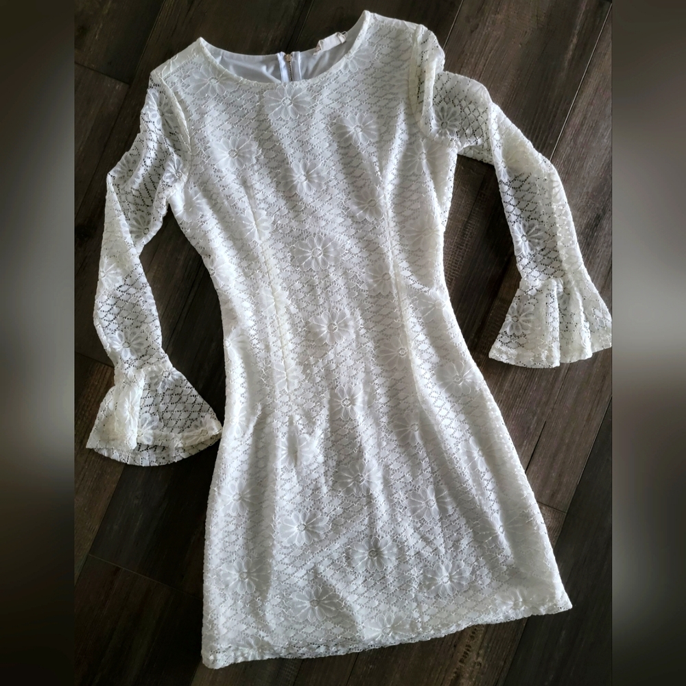 Altar'd State Women,s White Lace Dress with Long Lace Sleeves and Trupmet Cuff.